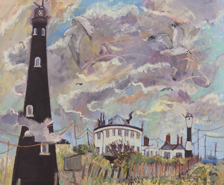 Dungeness lighthouse with three gulls 120x100cm